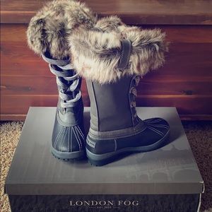 London Fog Melton 2 Black/Grey Fur Cuff Tall Boots